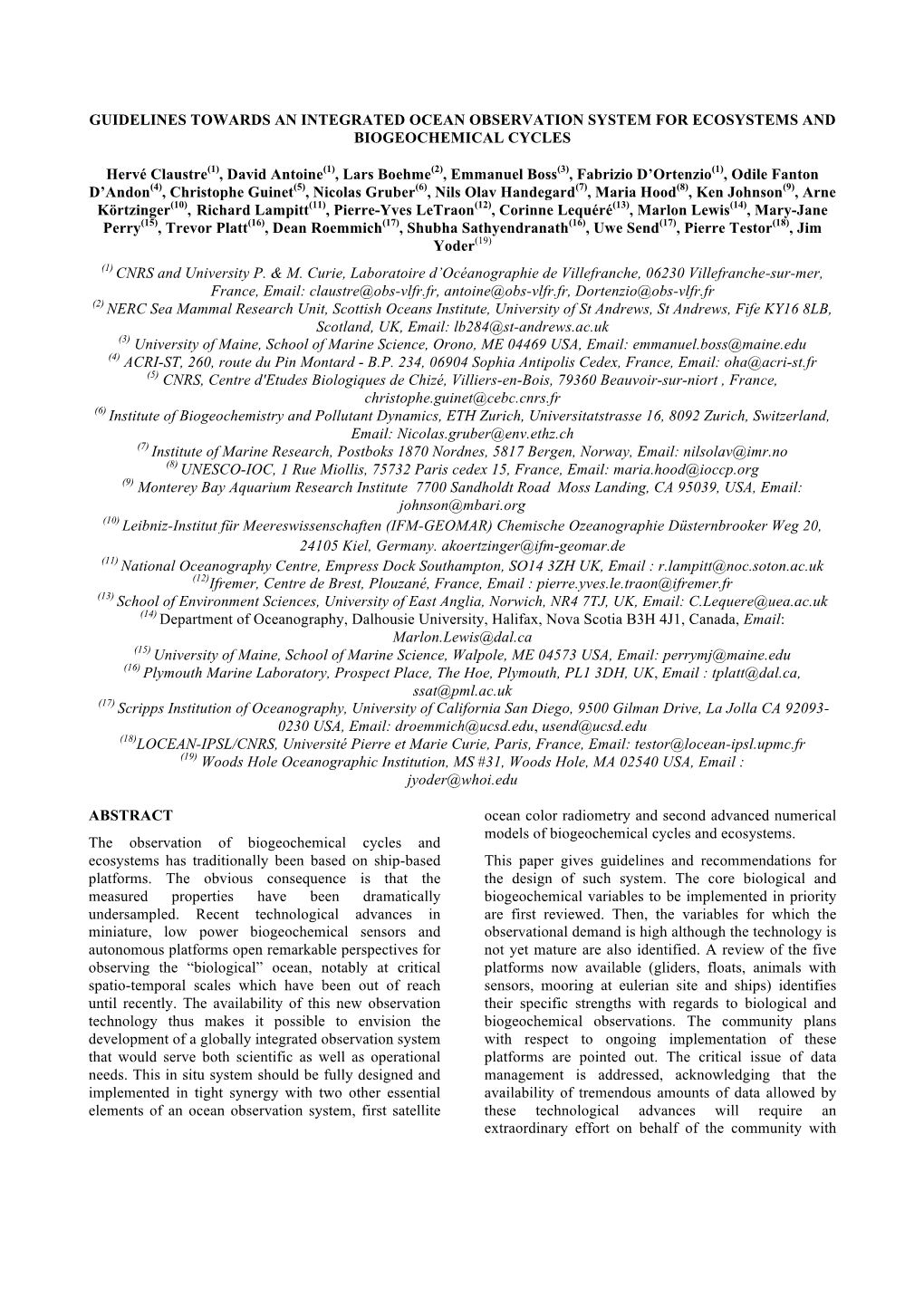 Guidelines Towards an Integrated Ocean Observation System for Ecosystems and Biogeochemical Cycles