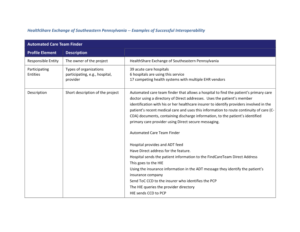 Healthshare Exchange of Southeastern Pennsylvania -- Examples of Successful Interoperability