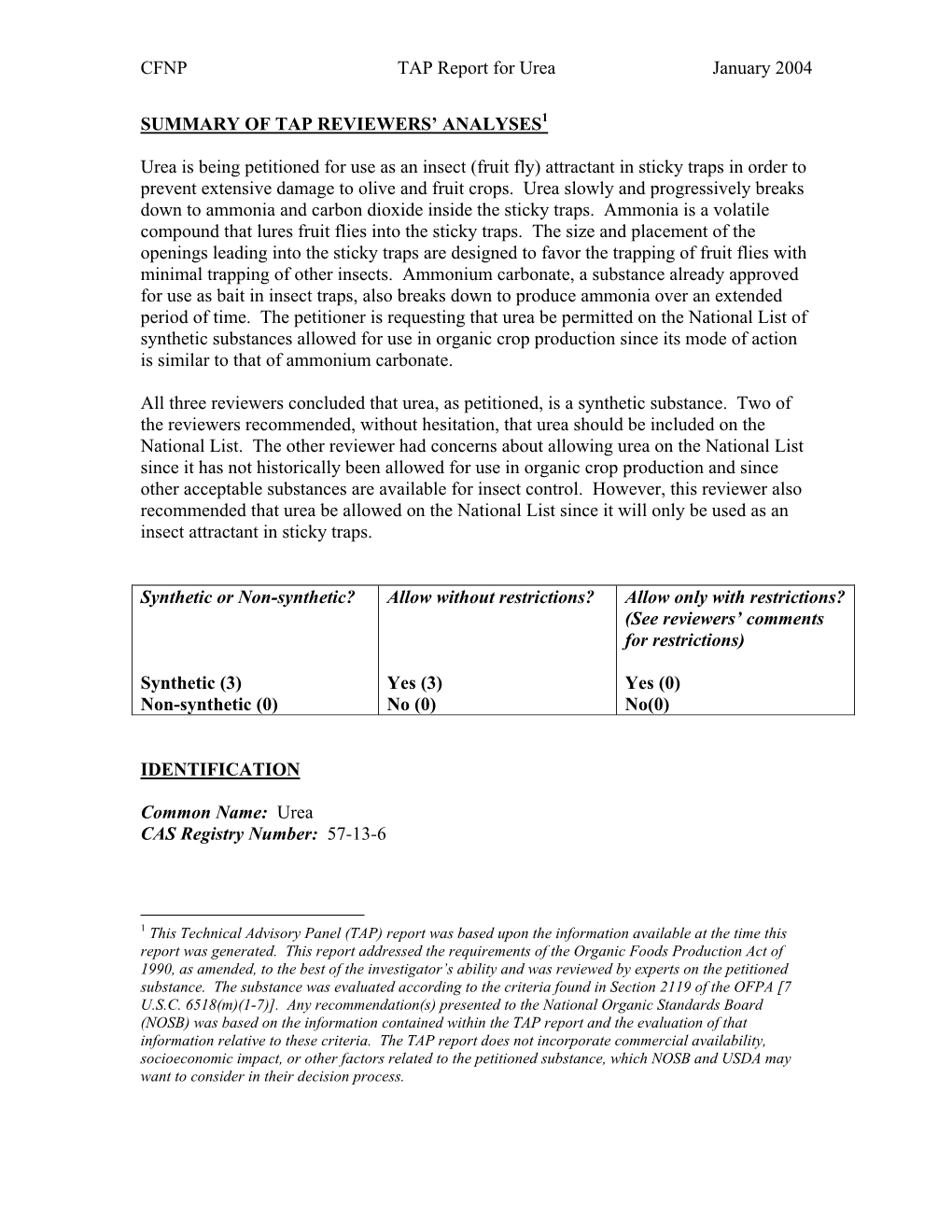 CFNP TAP Report for Urea January 2004 SUMMARY of TAP