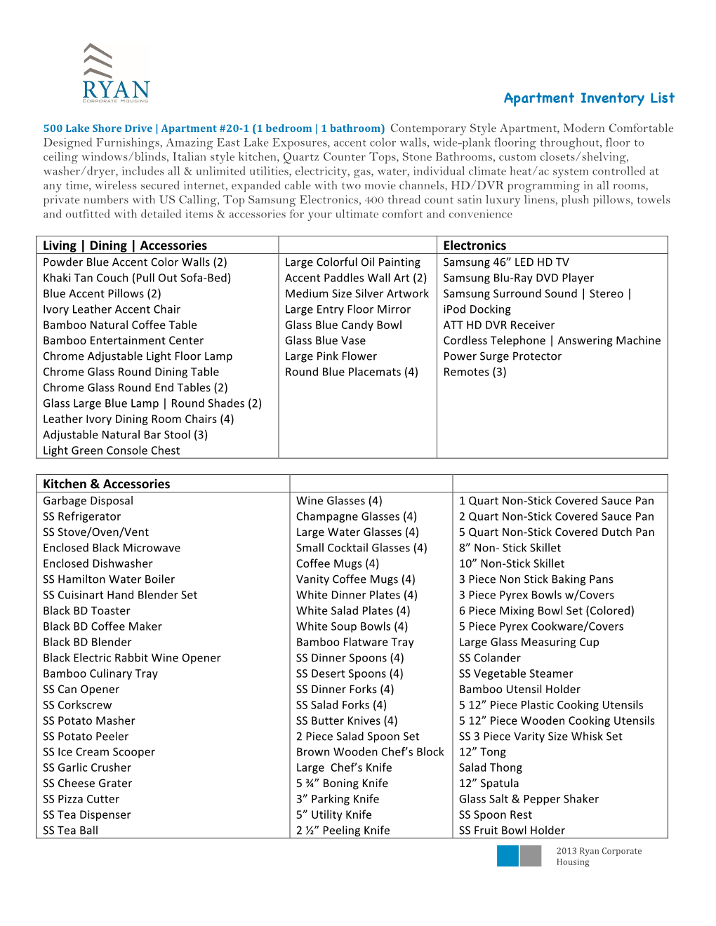 Apartment Inventory List Living