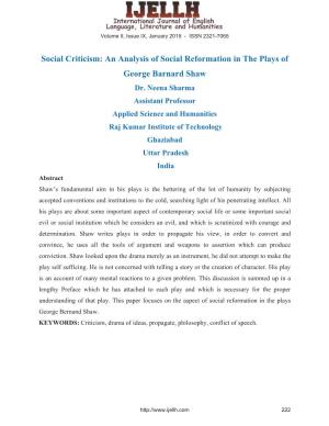 An Analysis of Social Reformation in the Plays of George Barnard Shaw Dr