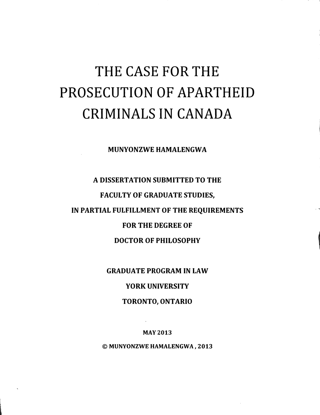 The Case for the Prosecution of Apartheid Criminals in Canada