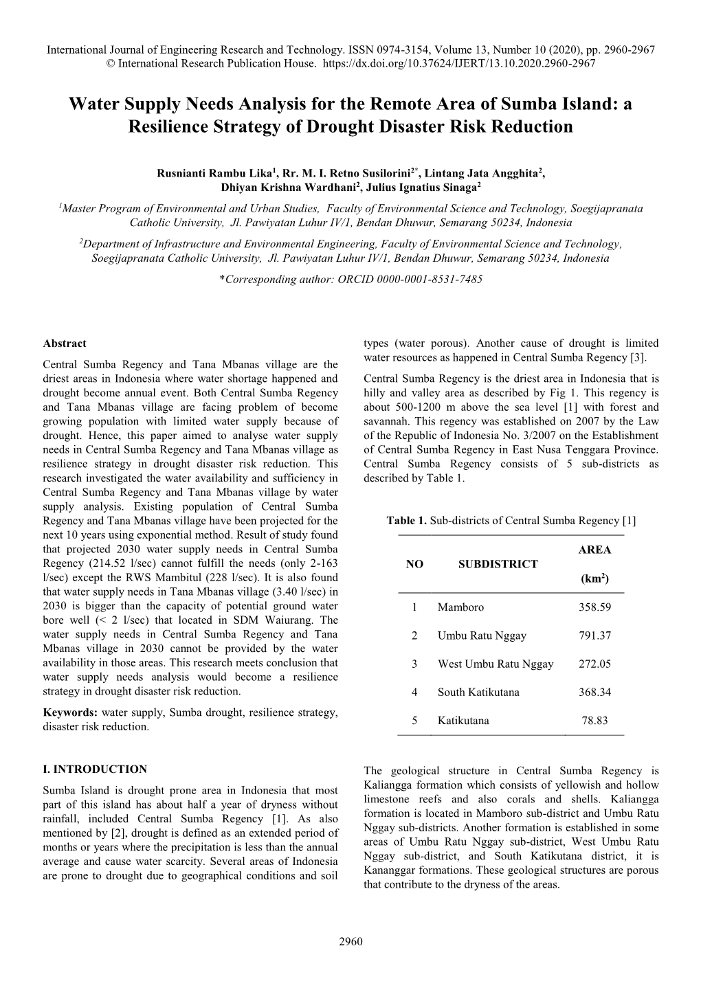 Water Supply Needs Analysis for the Remote Area of Sumba Island: a Resilience Strategy of Drought Disaster Risk Reduction