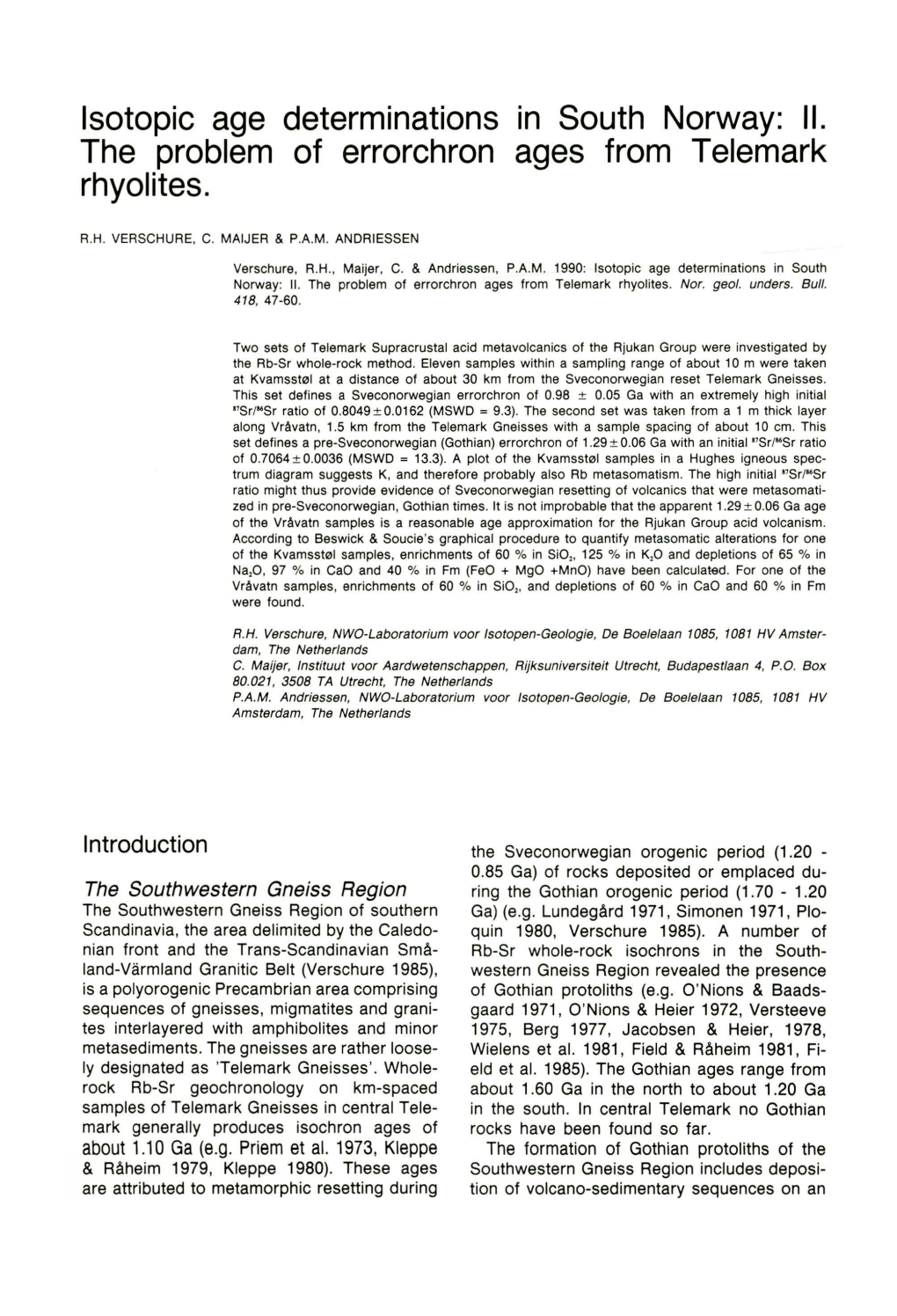 Ages from Determinations of Errorchron Isotopic Age The