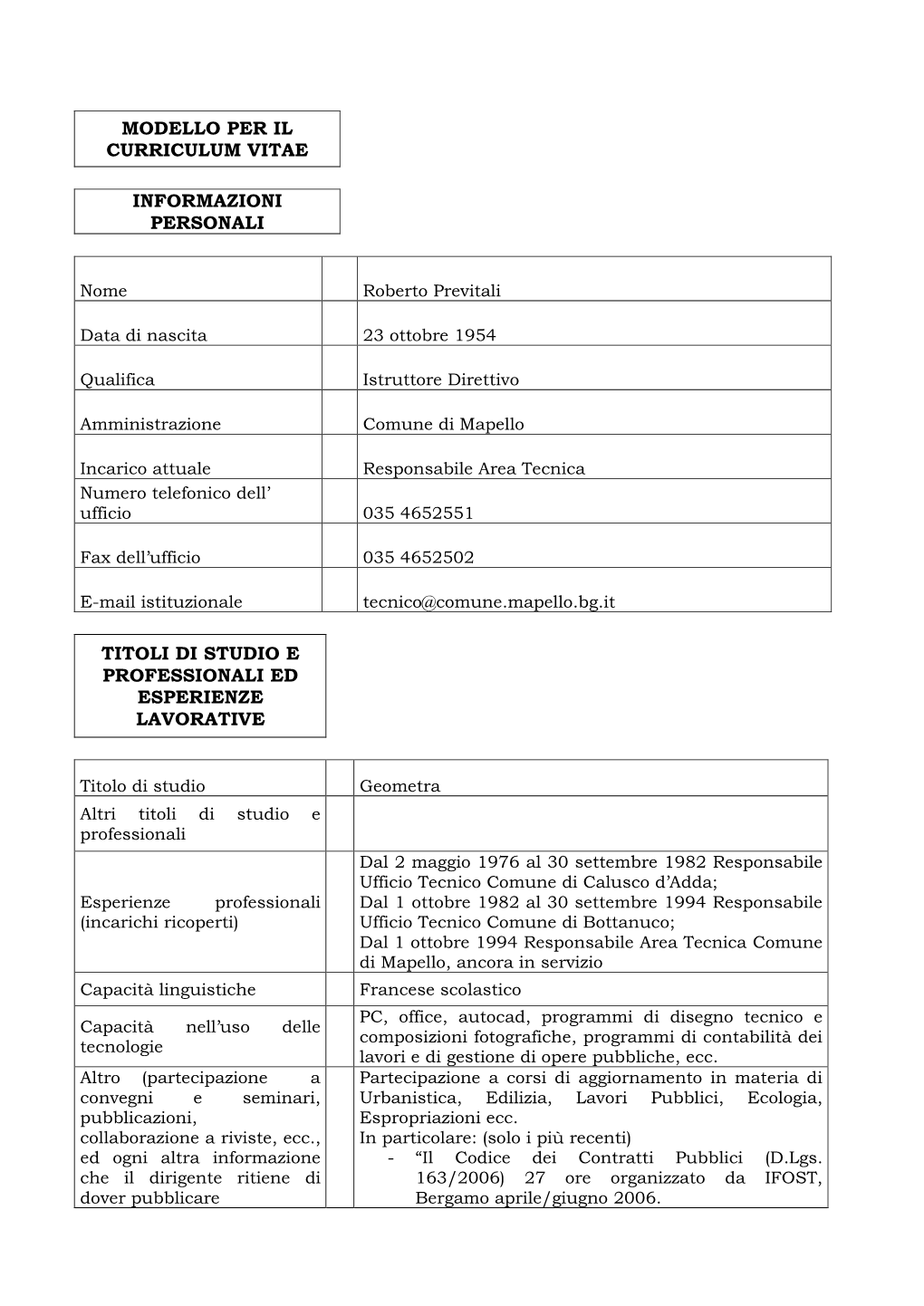 Modello Per Il Curriculum Vitae