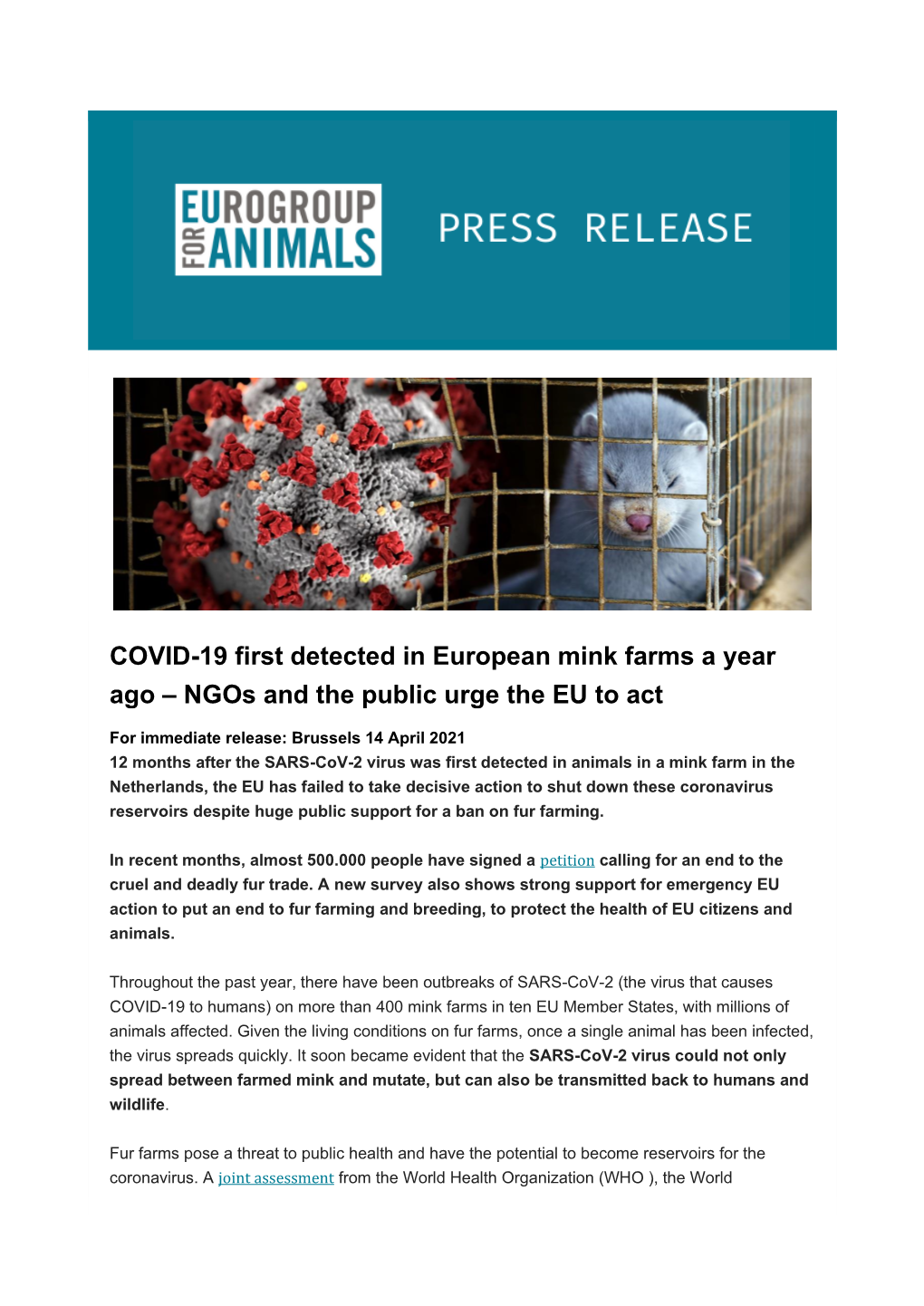 COVID-19 First Detected in European Mink Farms a Year Ago – Ngos and the Public Urge the EU to Act