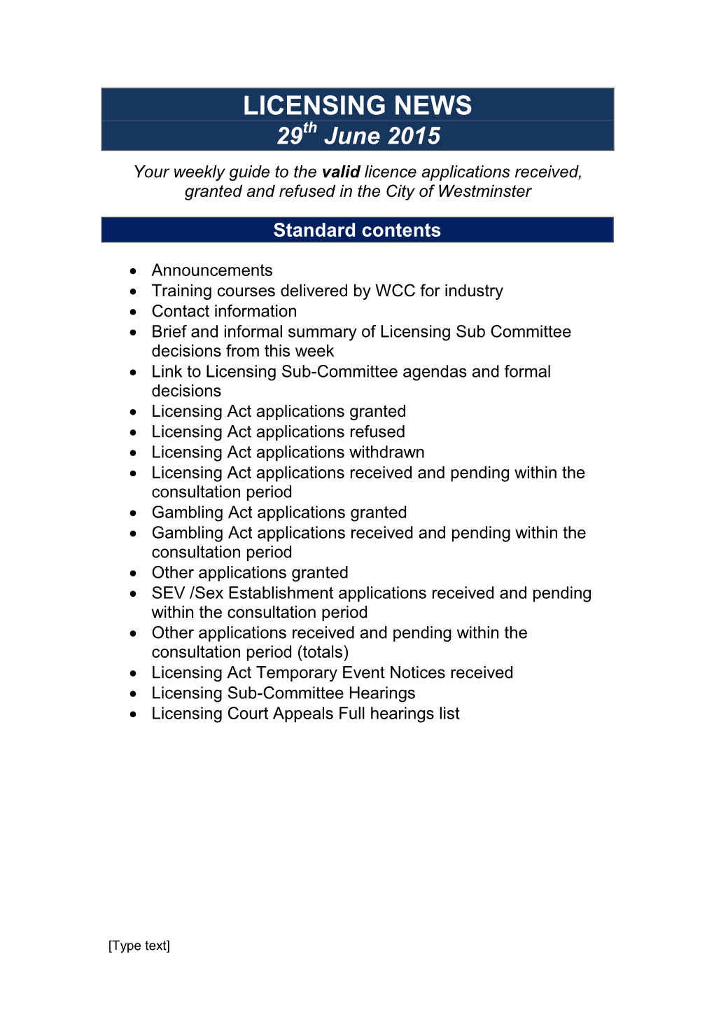 LICENSING NEWS 29Th June 2015