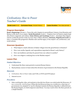 Civilizations: Rise to Power Teacher’S Guide