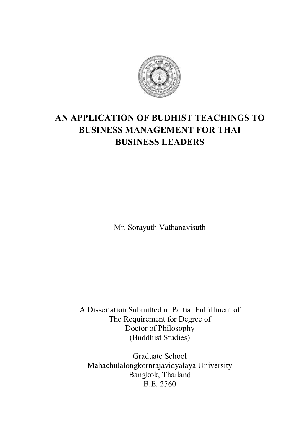 An Application of Budhist Teachings to Business Management for Thai Business Leaders