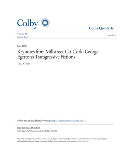 Keynotes from Millstreet, Co. Cork: George Egerton's Transgressive Fictions Tina O'toole