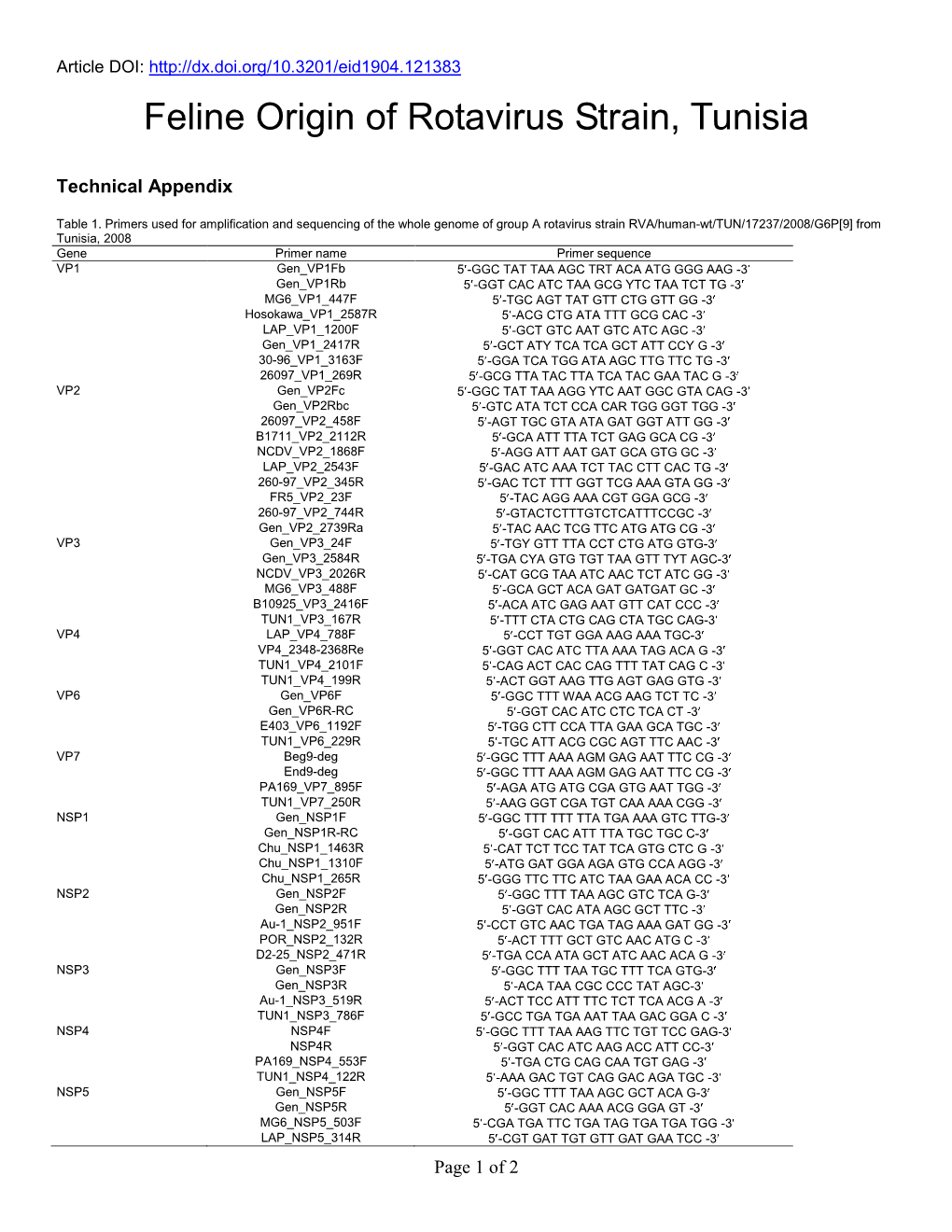 Feline Origin of Rotavirus Strain, Tunisia