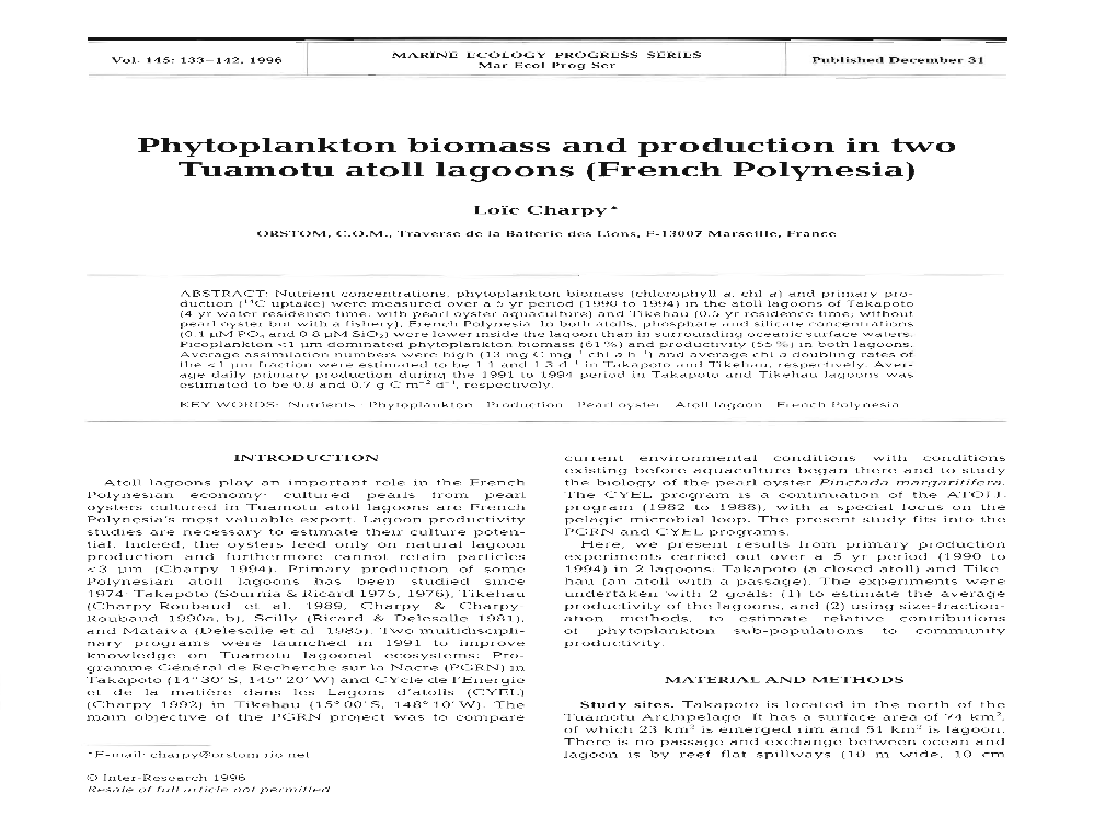Phytoplankton Biomass and Production in Two Tuamotu Atoll Lagoons (French Polynesia)