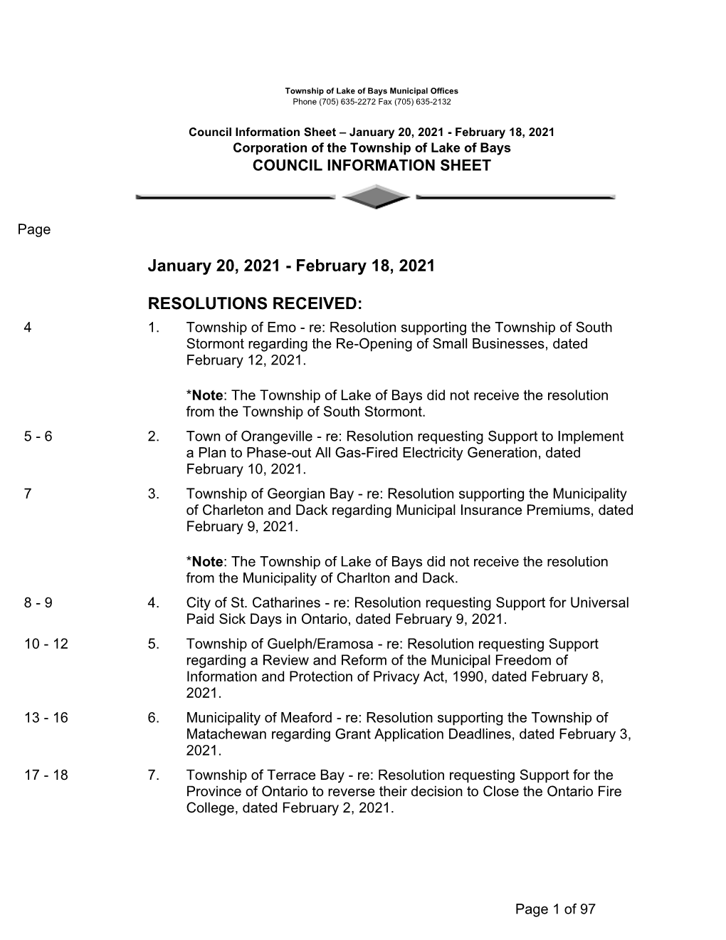 Council Information Sheet – January 20, 2021 - February 18, 2021 Corporation of the Township of Lake of Bays COUNCIL INFORMATION SHEET