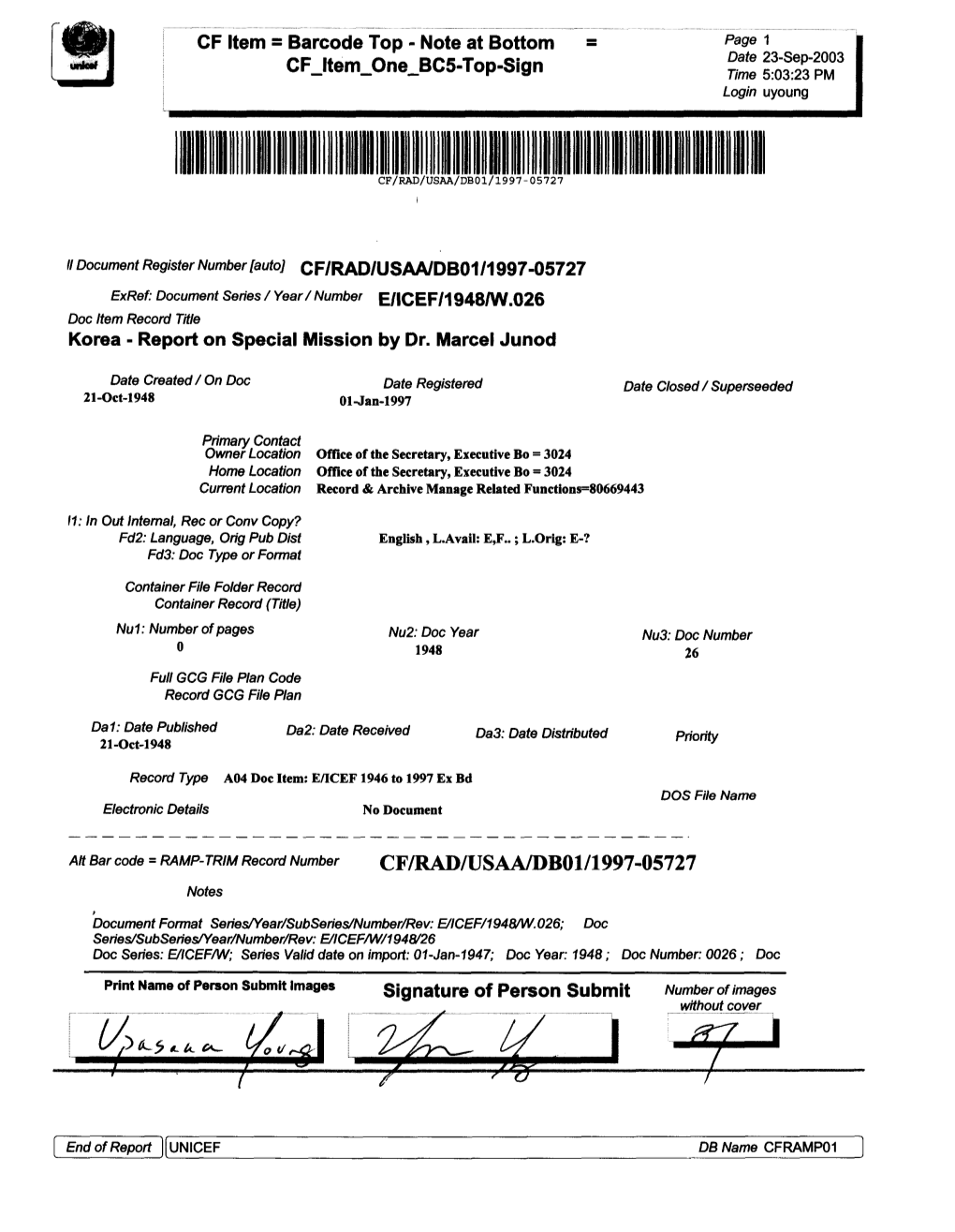 CF Item = Barcode Top - Note at Bottom = Page 1 CF Ltem One BC5-Top-Sign Date 23-Sep-2003 Time 5:03:23 PM Login Uyoung