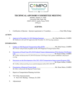 TECHNICAL ADVISORY COMMITTEE MEETING Monday, January 27, 2020 University Park, Suite 300 3300 N
