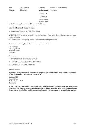 Form 4A (Rule 6.2) Public Notice (General Form) in the Consistory Court of the Diocese of Blackburn