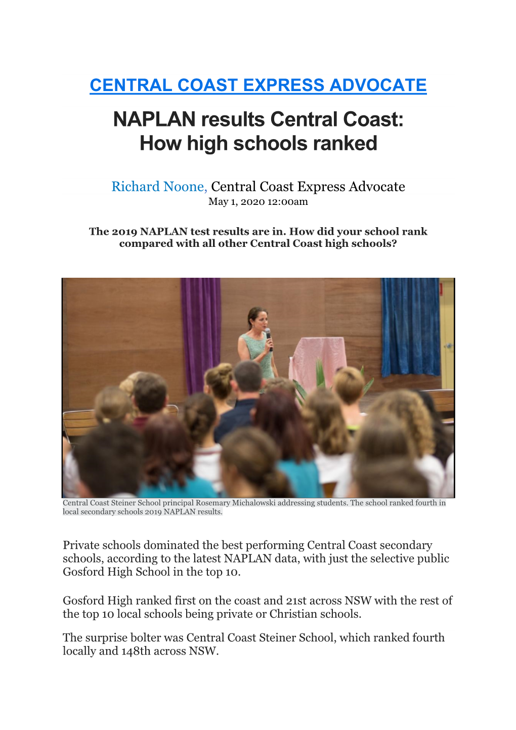 NAPLAN Results Central Coast: How High Schools Ranked