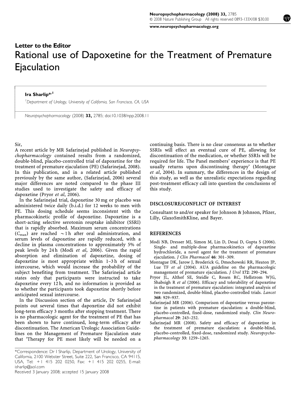 Rational Use of Dapoxetine for the Treatment of Premature Ejaculation