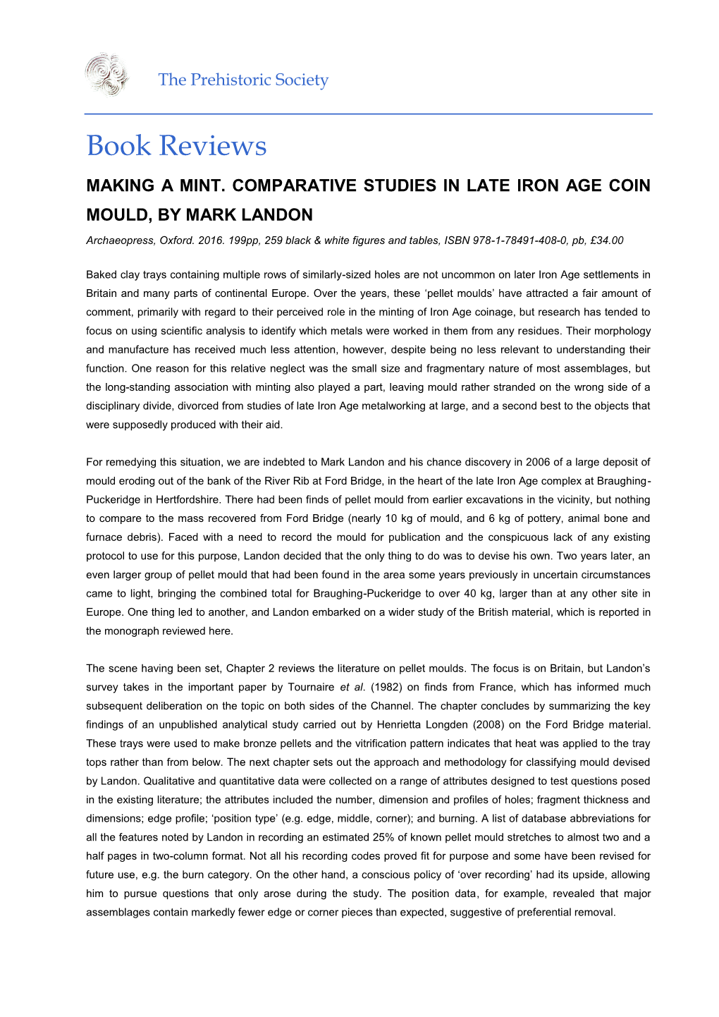 Making a Mint. Comparative Studies in Late Iron Age Coin Mould M Landon