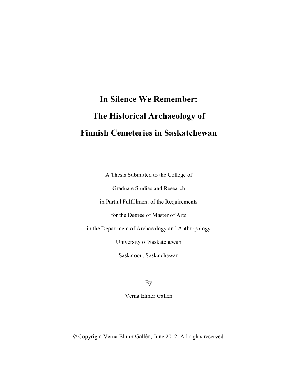 The Historical Archaeology of Finnish Cemeteries in Saskatchewan