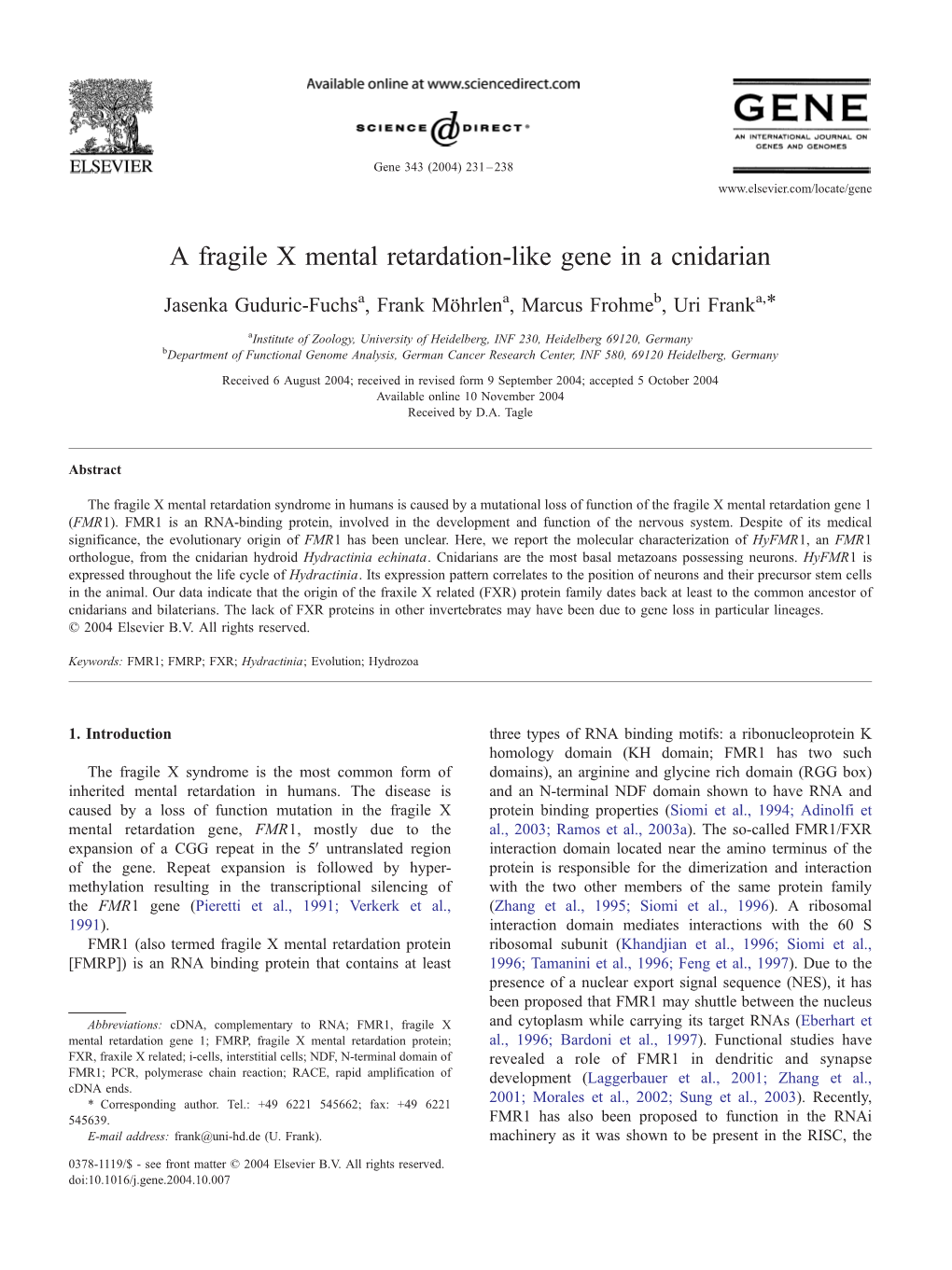 A Fragile X Mental Retardation-Like Gene in a Cnidarian