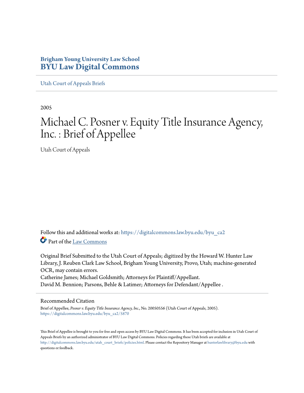 Michael C. Posner V. Equity Title Insurance Agency, Inc. : Brief of Appellee Utah Court of Appeals