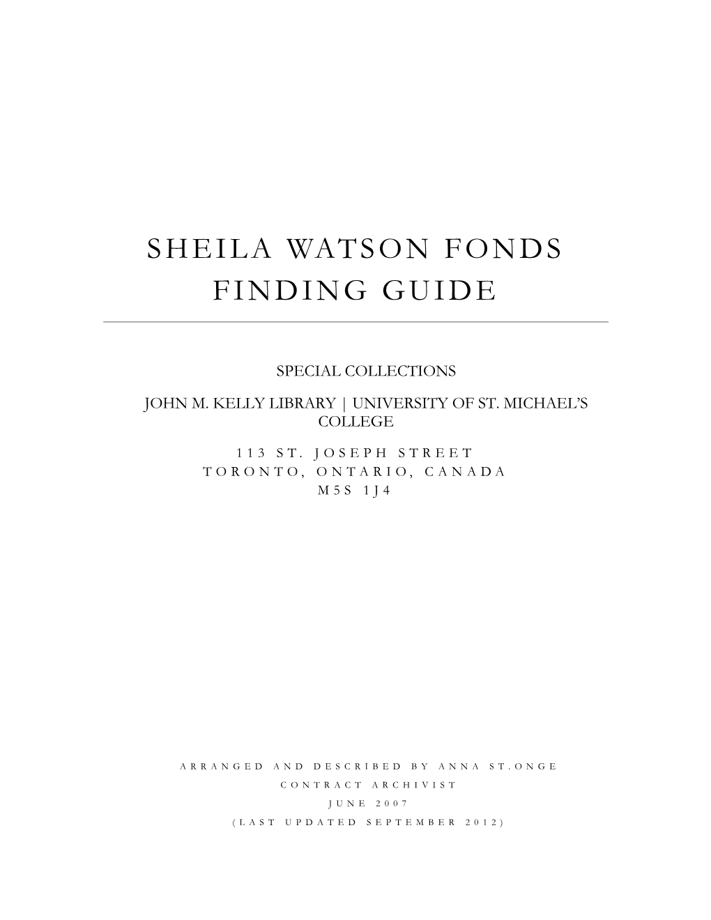 Sheila Watson Fonds Finding Guide