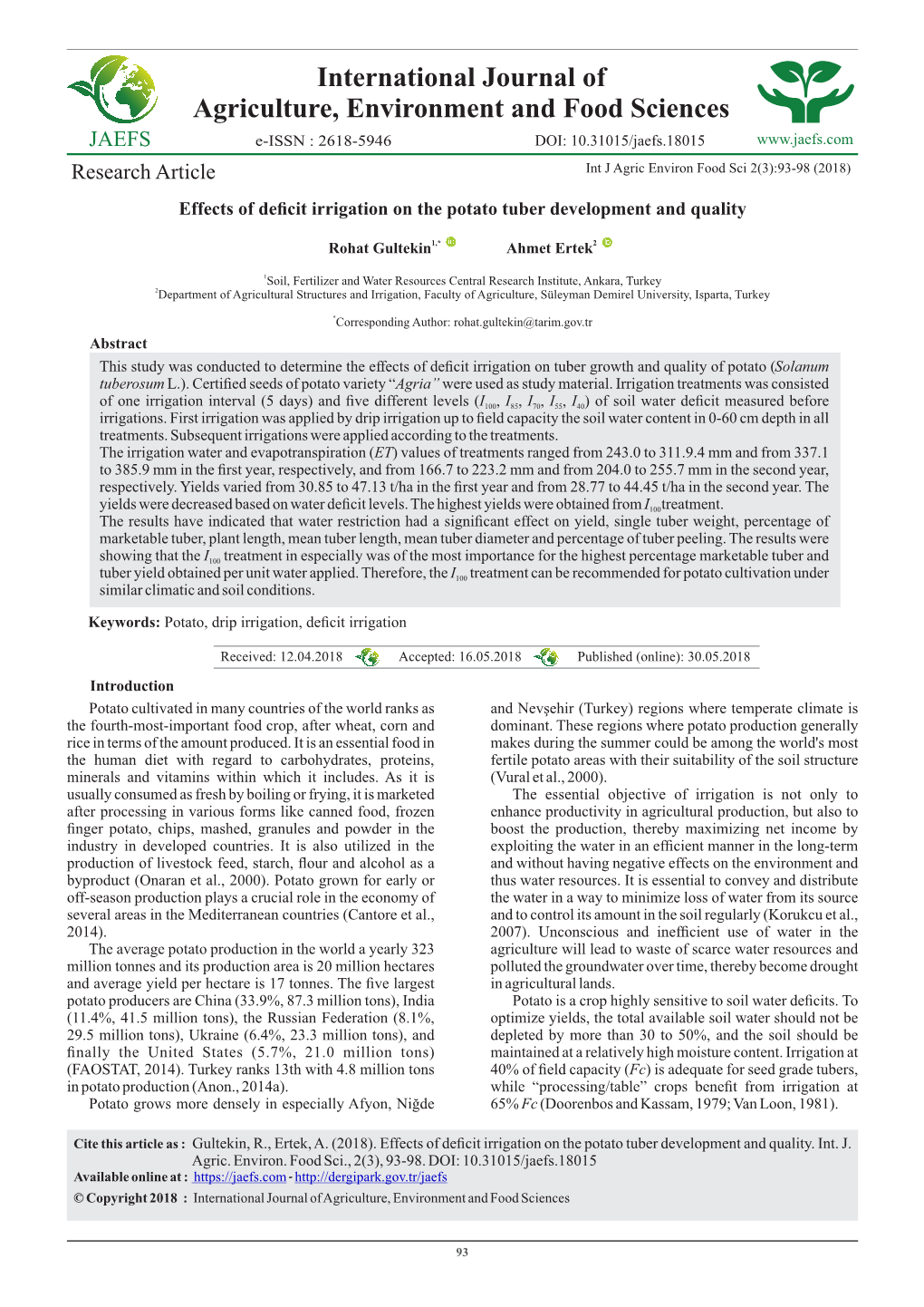 Internat Onal Journal of Agr Culture, Env Ronment and Food Sc Ences