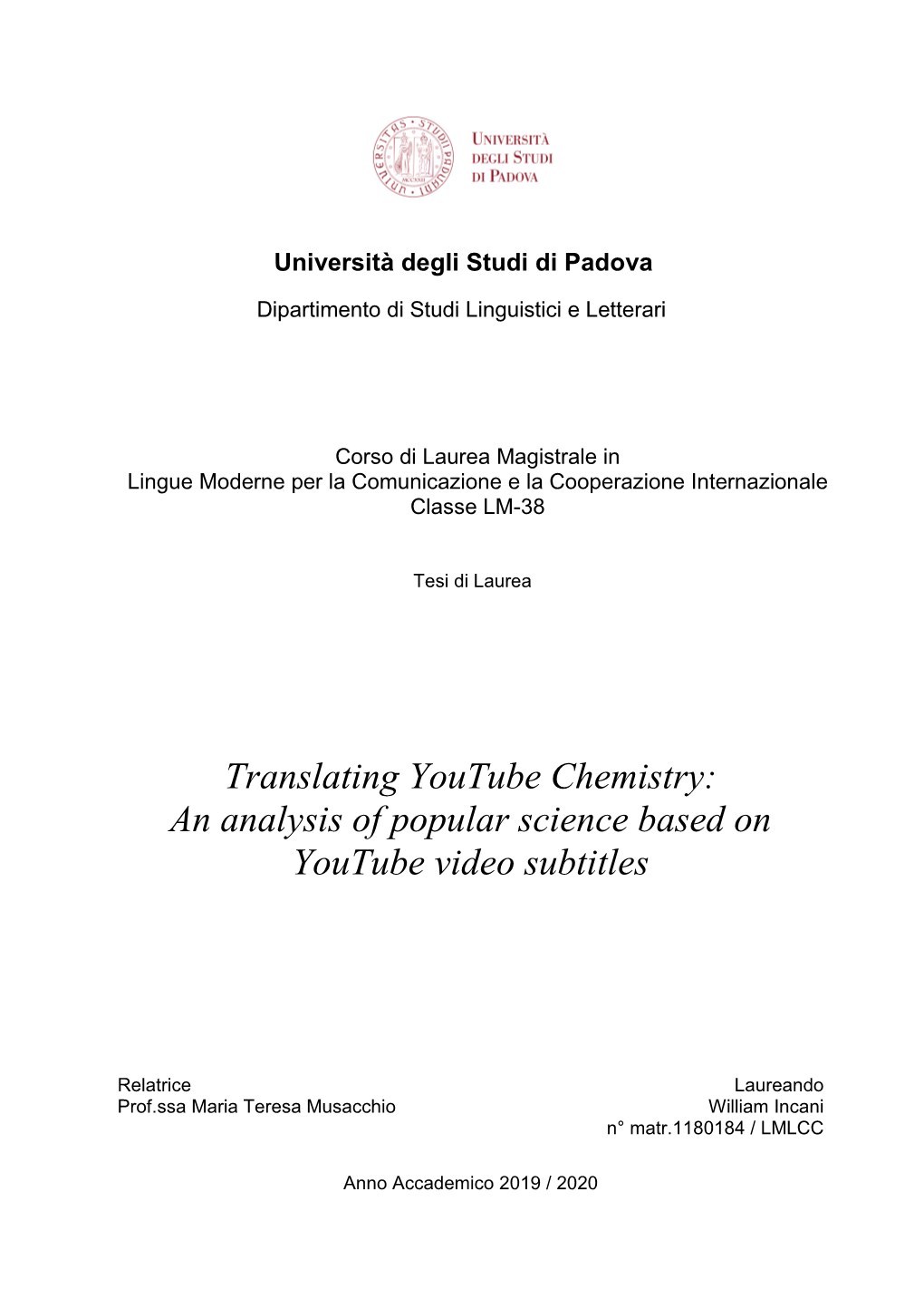 Translating Youtube Chemistry: an Analysis of Popular Science Based on Youtube Video Subtitles