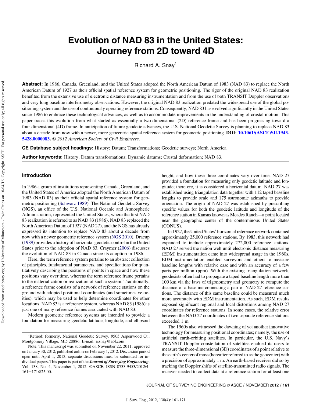 Evolution of NAD 83 in the United States: Journey from 2D Toward 4D