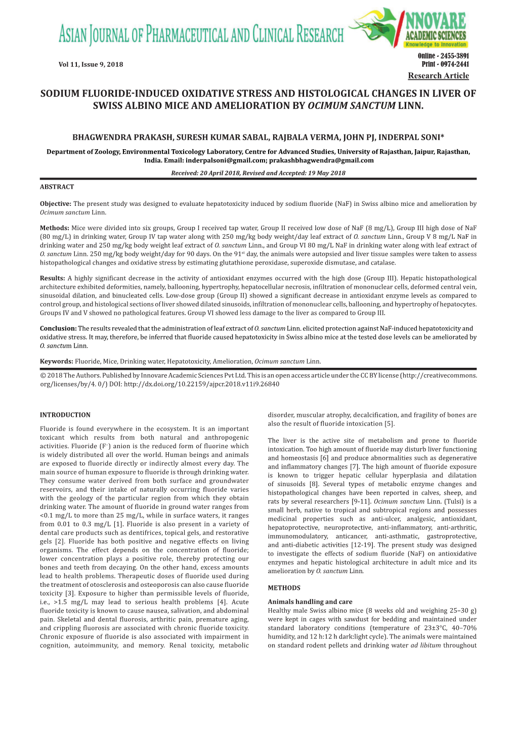 Sodium Fluoride-Induced Oxidative Stress and Histological Changes in Liver of Swiss Albino Mice and Amelioration by Ocimum Sanctum Linn