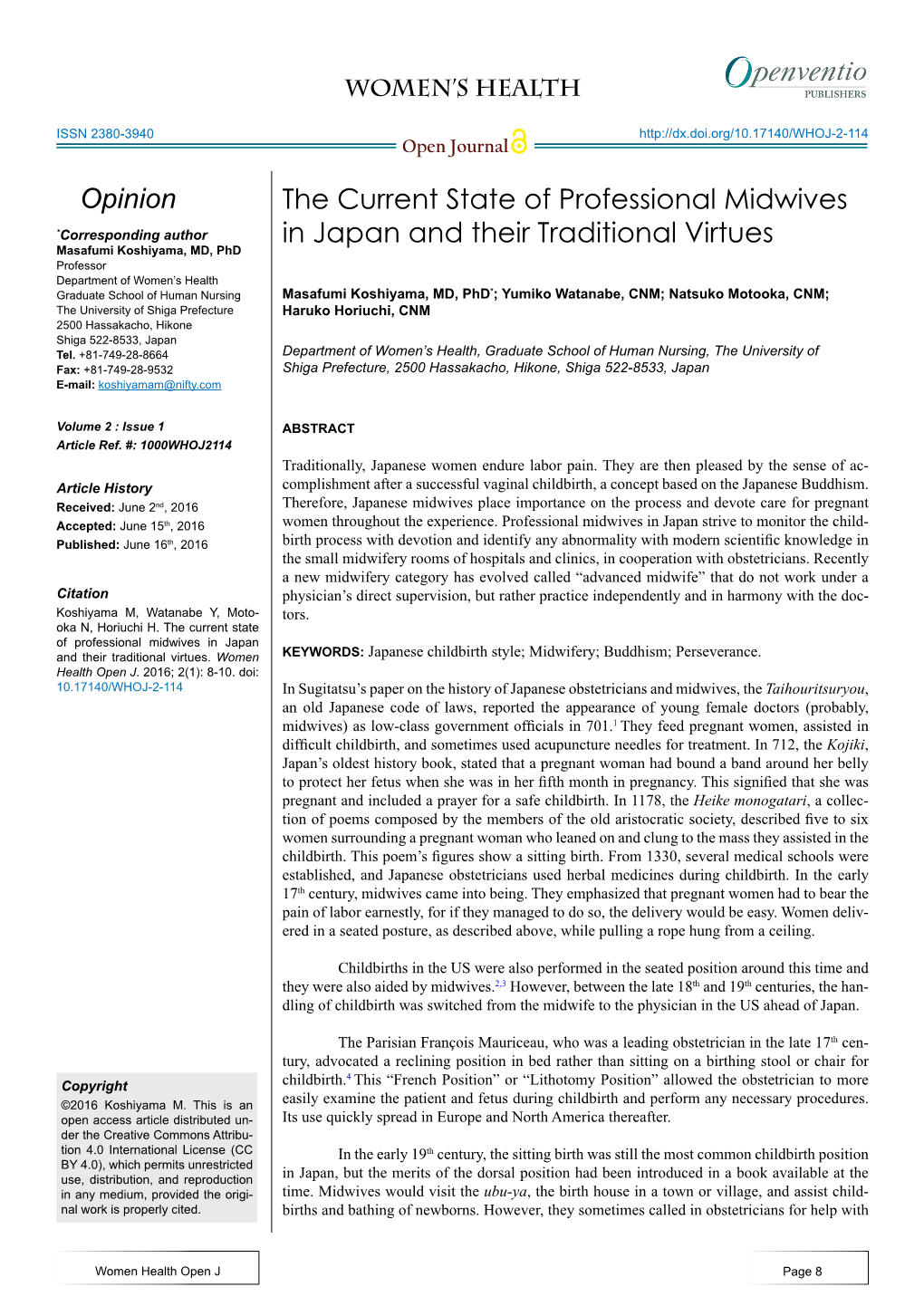 The Current State of Professional Midwives in Japan and Their Traditional Virtues