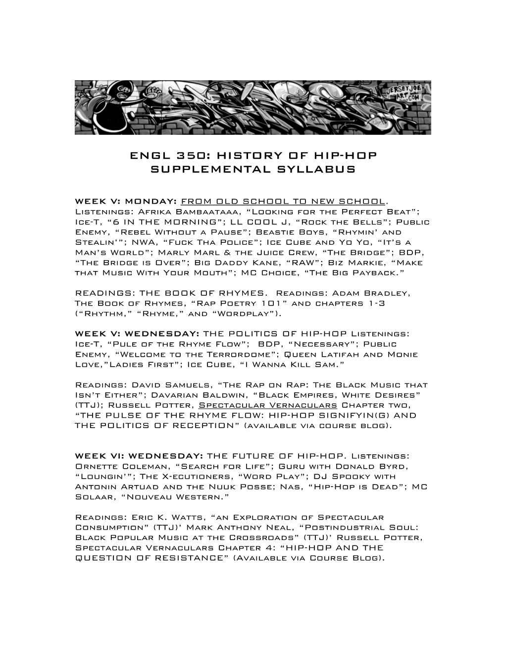 Engl 350: History of Hip-Hop Supplemental Syllabus