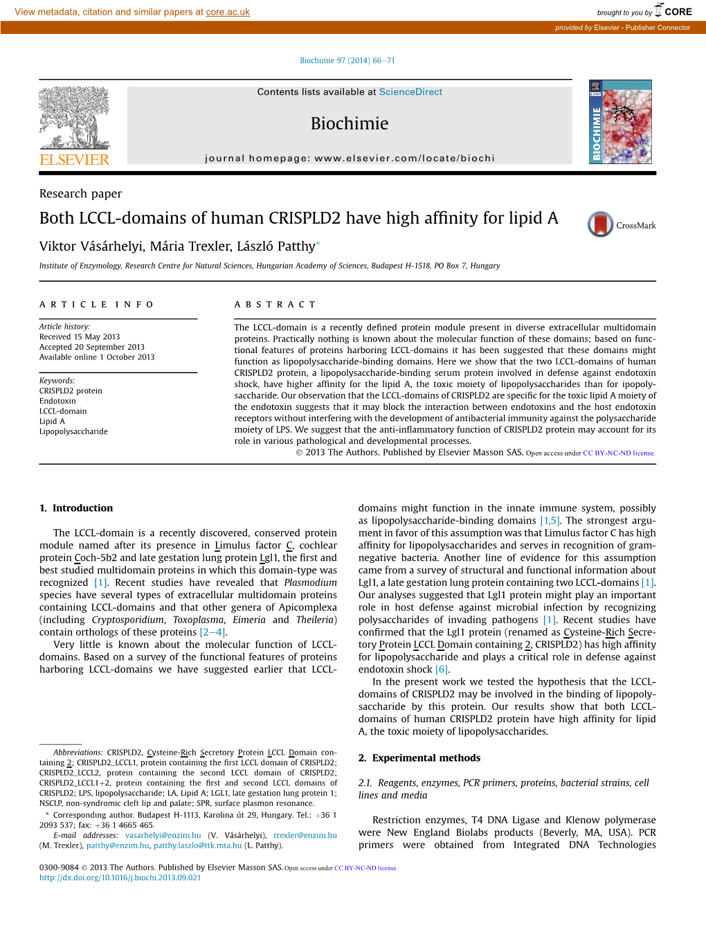 Both LCCL-Domains of Human CRISPLD2 Have High Affinity for Lipid A