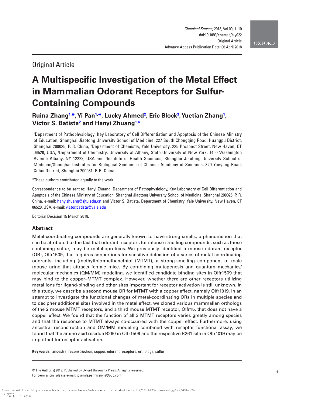 A Multispecific Investigation of the Metal Effect in Mammalian Odorant