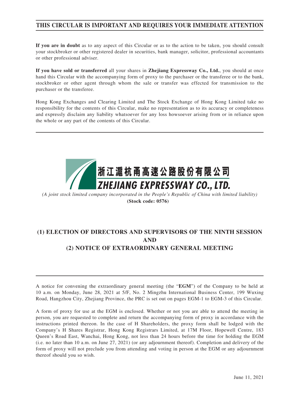 This Circular Is Important and Requires Your Immediate Attention (1) Election of Directors and Supervisors of the Ninth Session