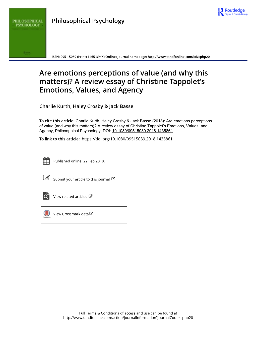 A Review Essay of Christine Tappolet's Emotions, Values, and Agency