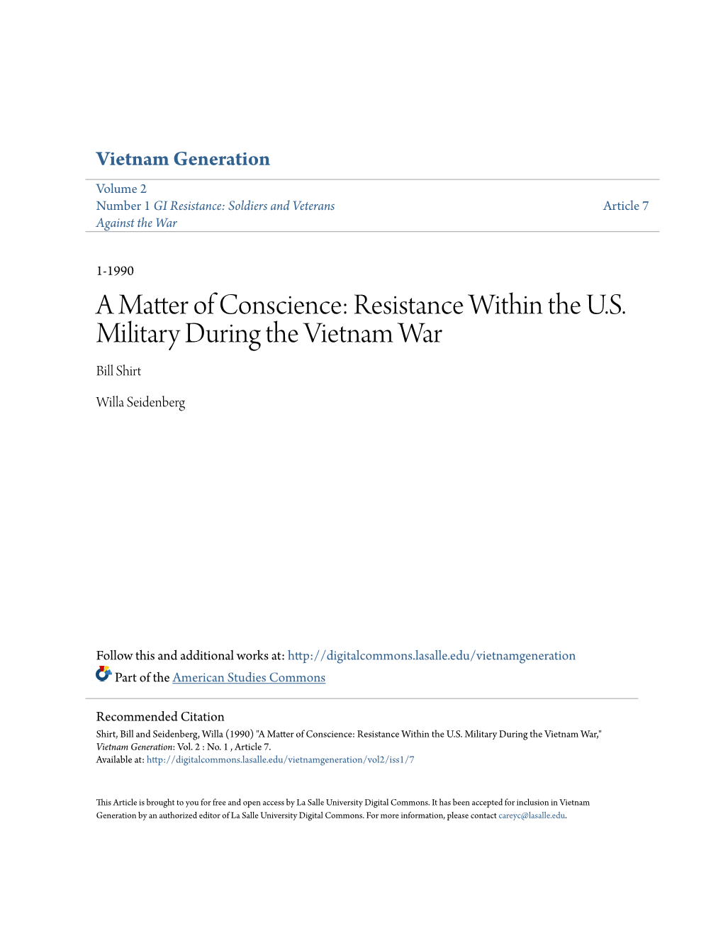 A Matter of Conscience: Resistance Within the U.S. Military During the Vietnam War Bill Shirt