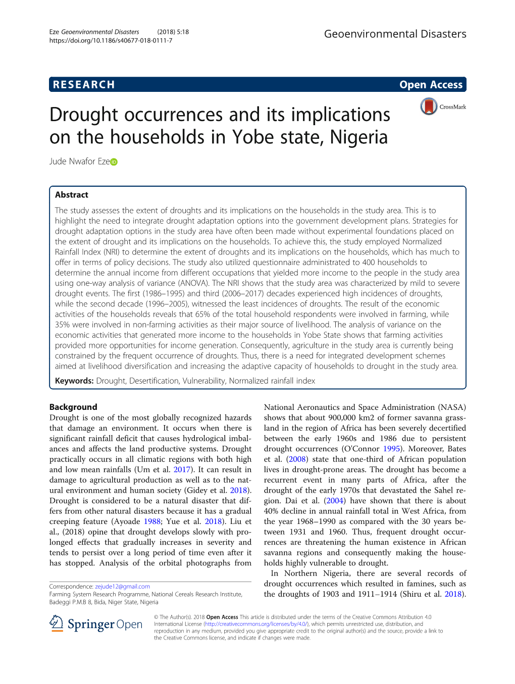 Drought Occurrences and Its Implications on the Households in Yobe State, Nigeria Jude Nwafor Eze