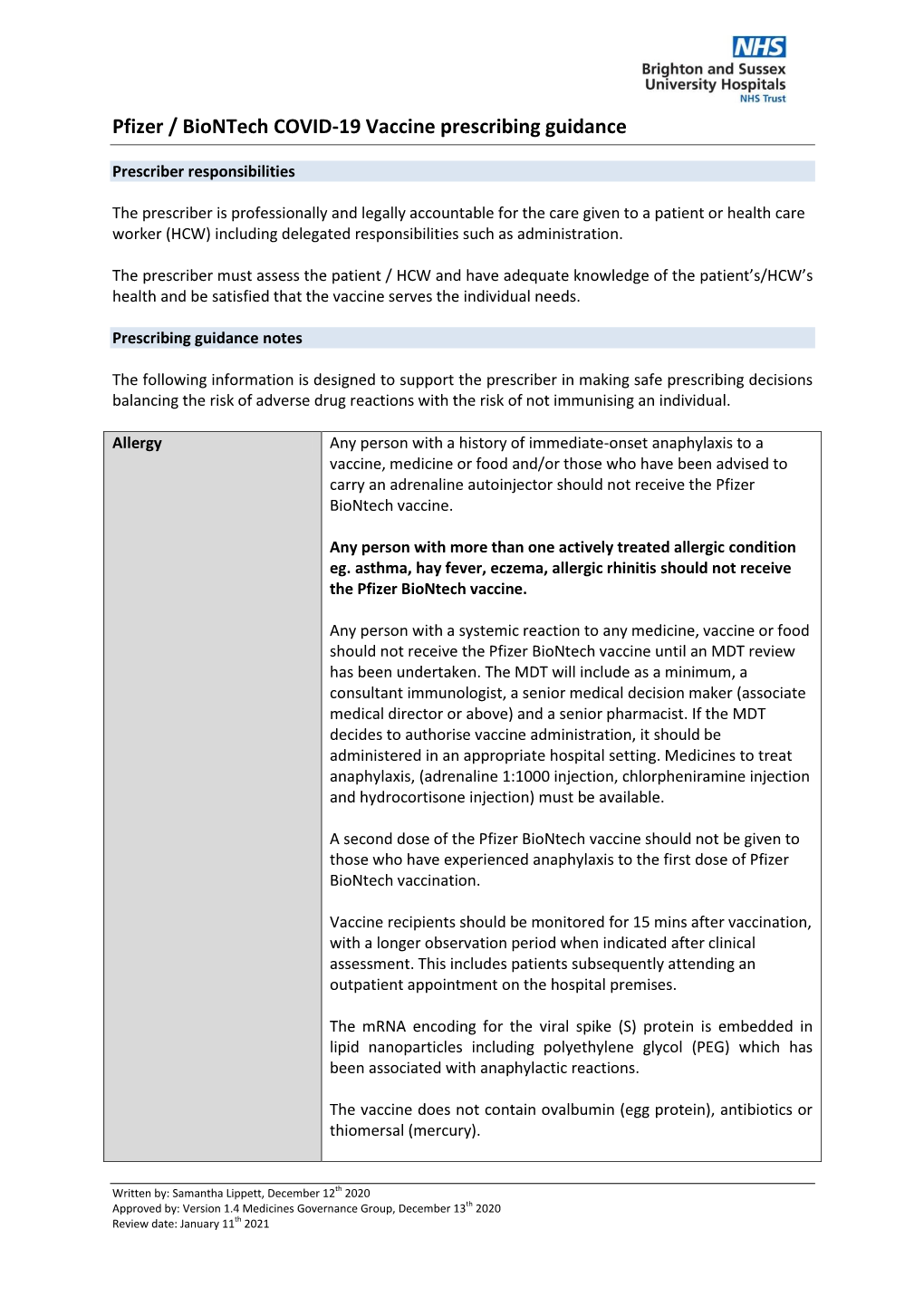 Pfizer / Biontech COVID-19 Vaccine Prescribing Guidance