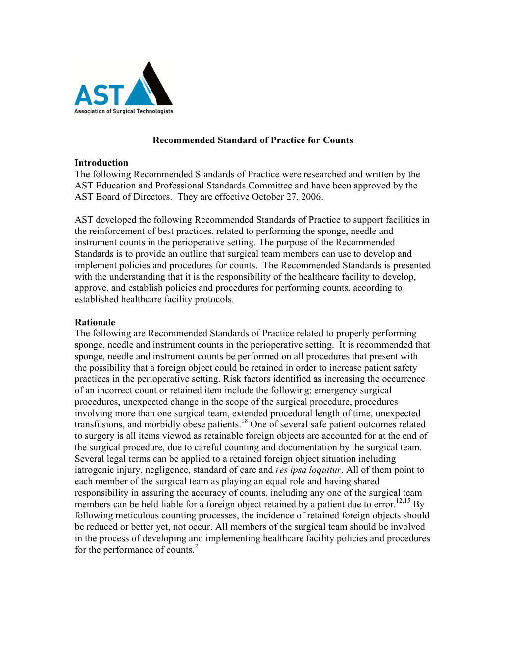 AST Guidelines for Counts