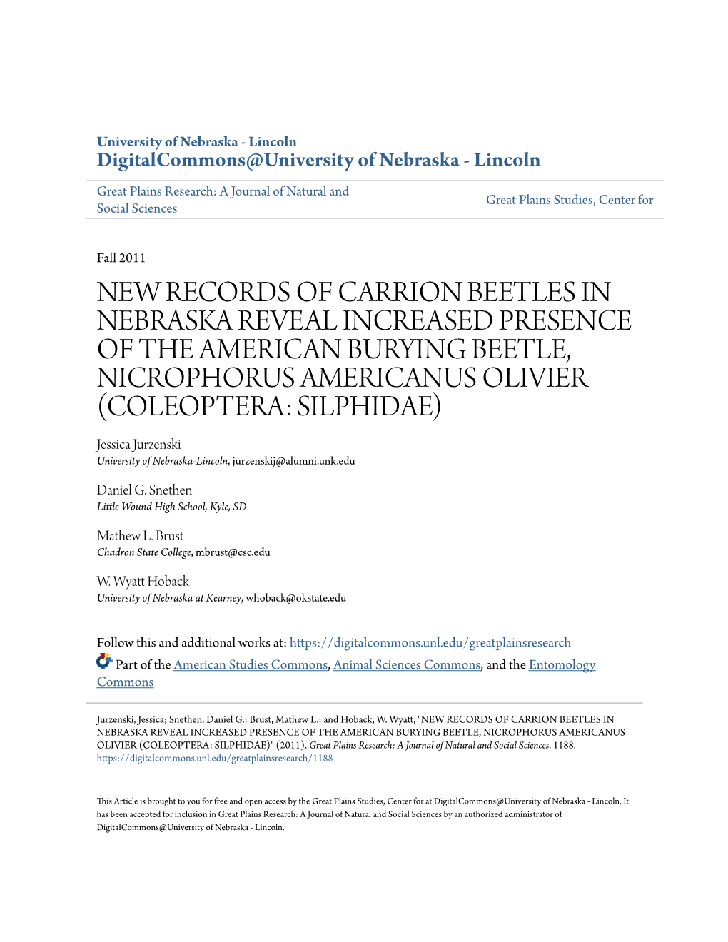 New Records of Carrion Beetles in Nebraska Reveal Increased