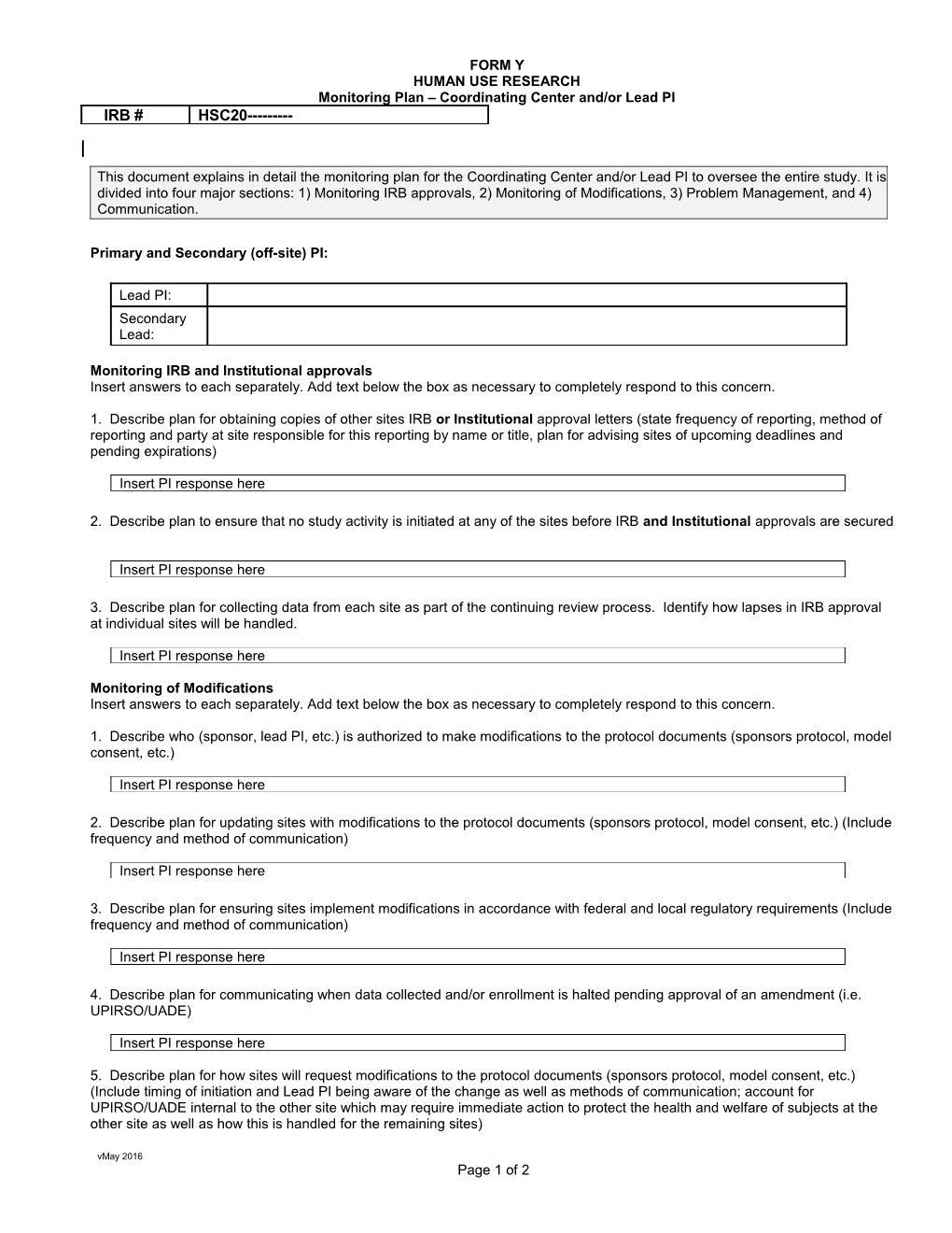 Form Y Monitoring Plan - Lead PI