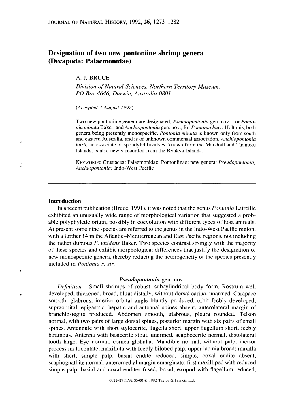 Designation of Two New Pontoniine Shrimp Genera (Decapoda: Palaemonidae) A