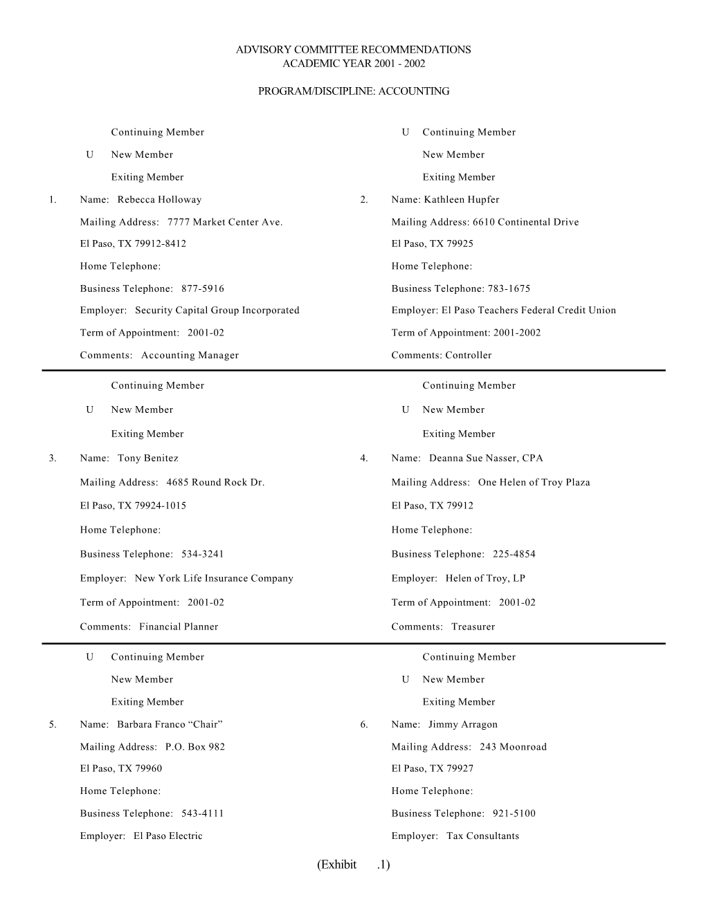 Advisory Committee Recommendations Academic Year 2001 - 2002