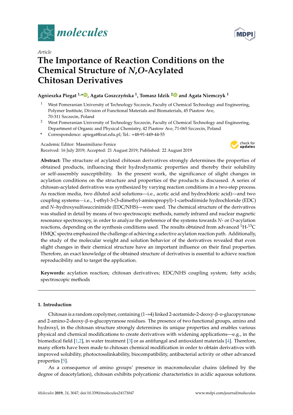 The Importance of Reaction Conditions on the Chemical Structure of N,O-Acylated Chitosan Derivatives