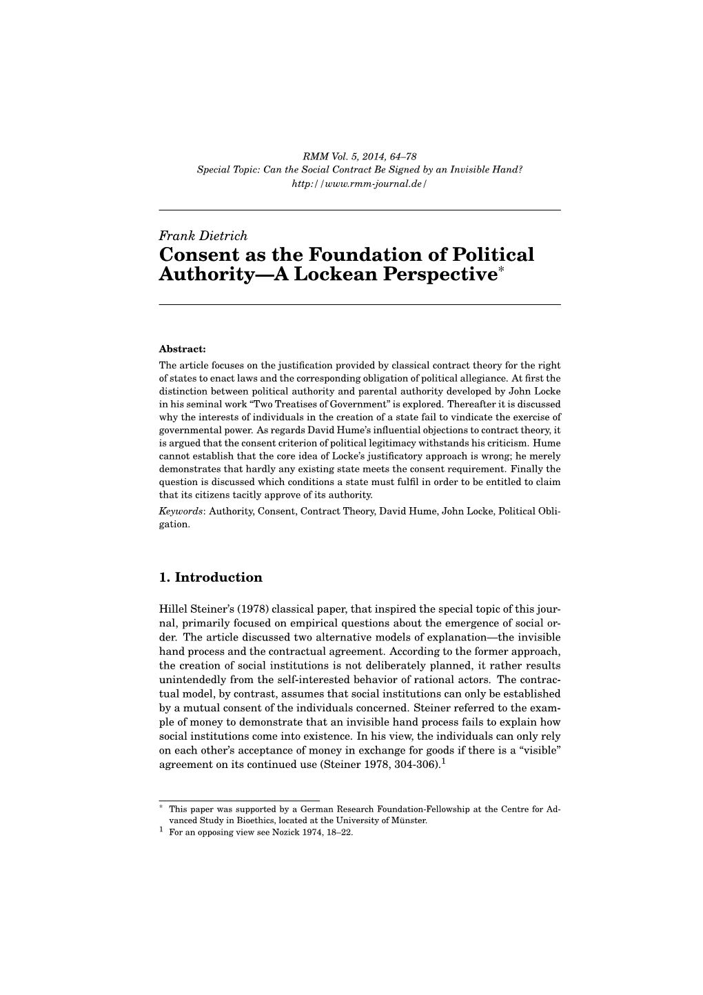 Consent As the Foundation of Political Authority—A Lockean Perspective*