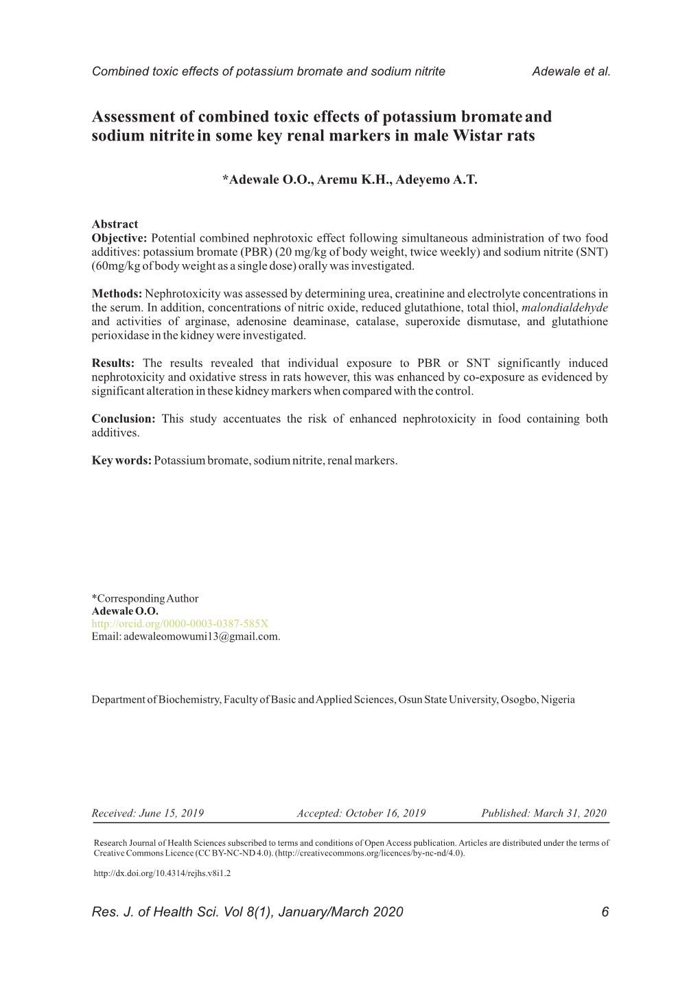 Assessment of Combined Toxic Effects of Potassium Bromate and Sodium Nitrite in Some Key Renal Markers in Male Wistar Rats