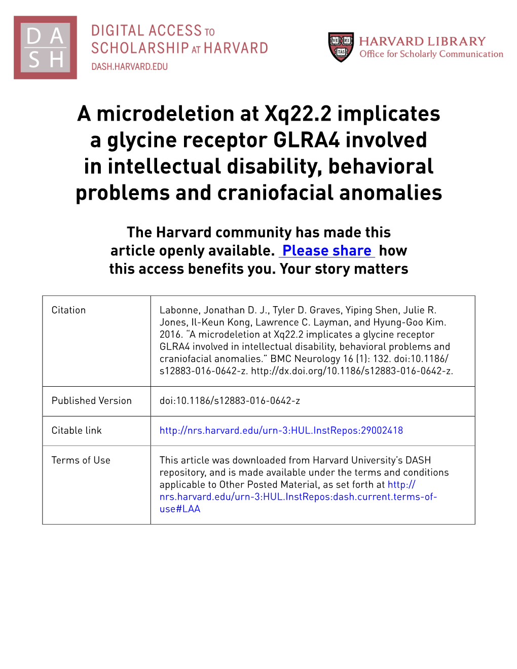 A Microdeletion at Xq22.2 Implicates a Glycine Receptor GLRA4 Involved in Intellectual Disability, Behavioral Problems and Craniofacial Anomalies