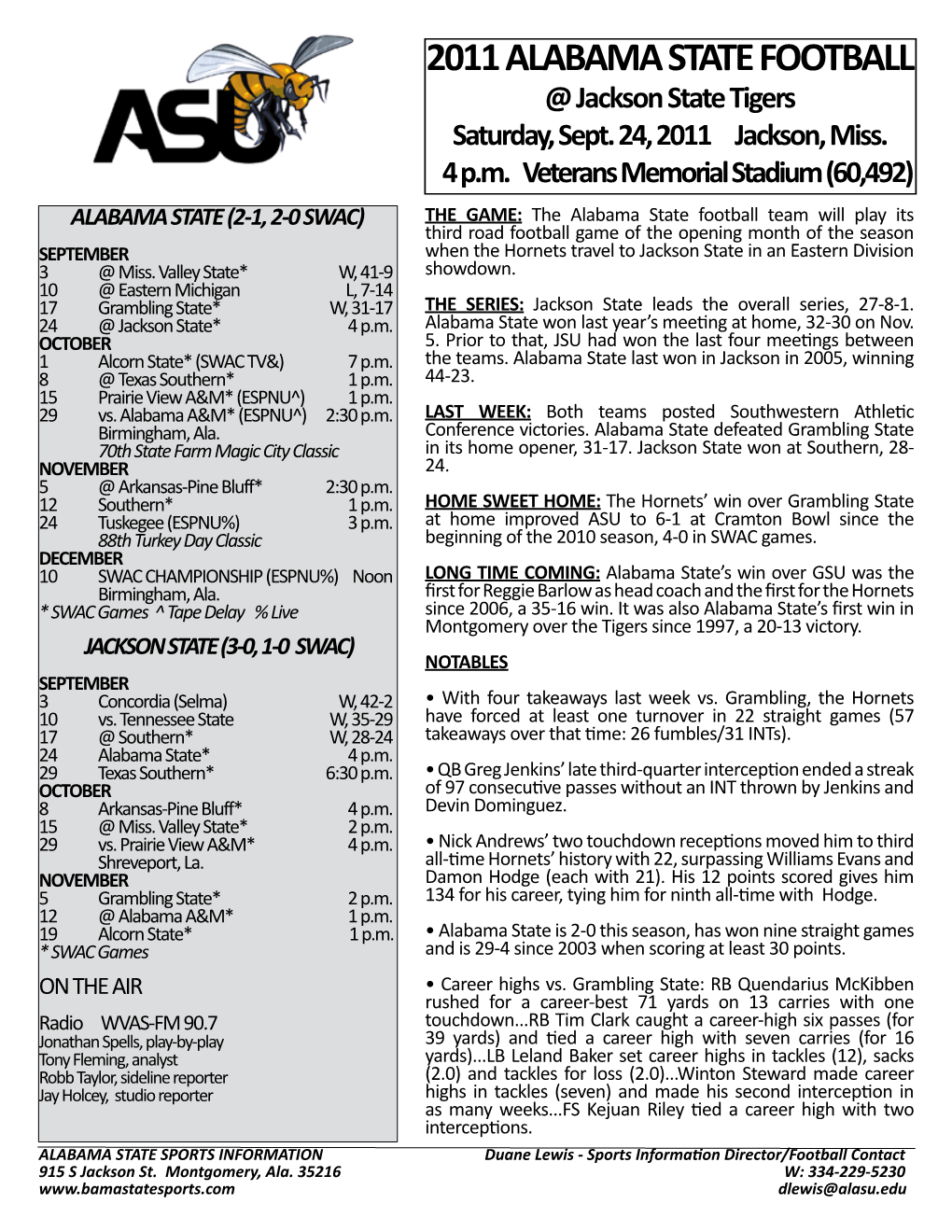 2011 ALABAMA STATE FOOTBALL @ Jackson State Tigers Saturday, Sept